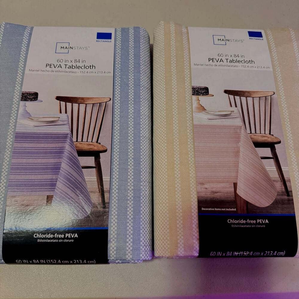Mainstays TWO Peva Tablecloths 60”x84” one blue striped, one beige striped NWT